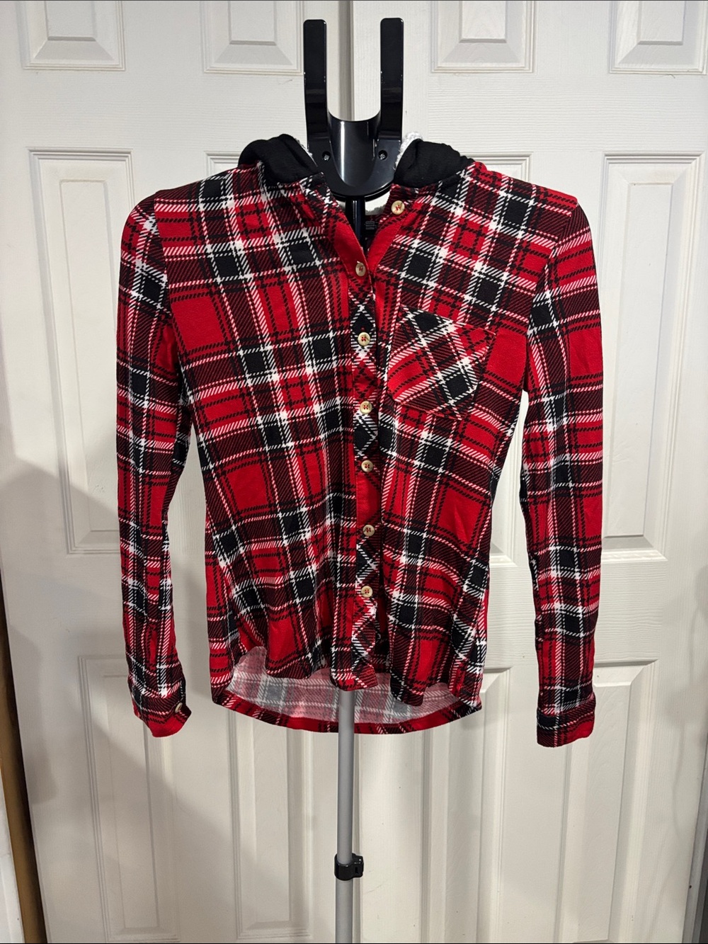 NOBO Red Black Plaid Hooded Button-Up Top